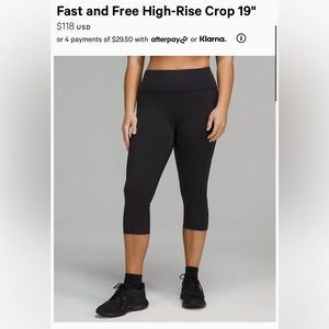 Lululemon Fast and Free Crop 19” (Size 8 - Black)